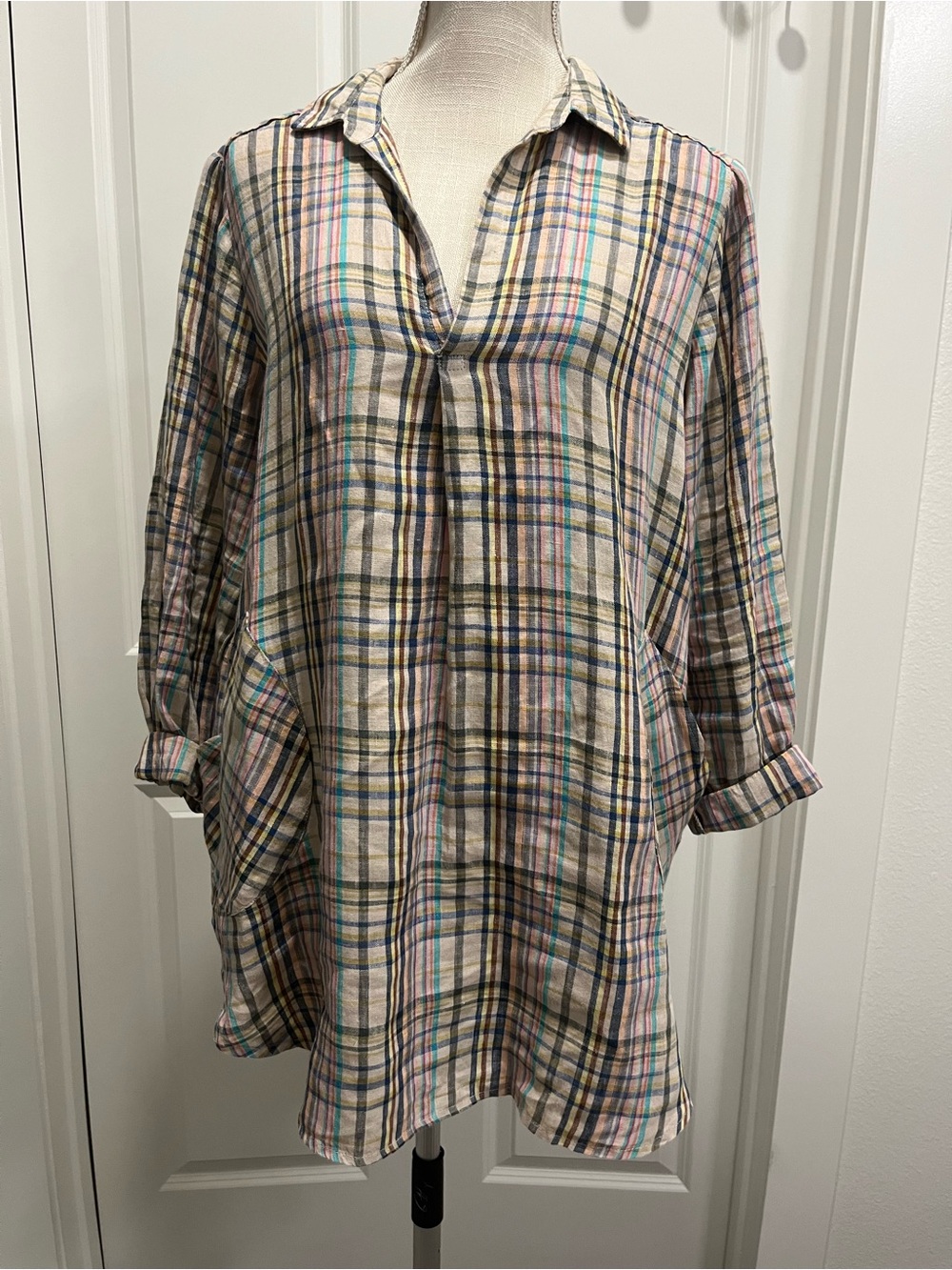 Anthropologie Uncle Frank Tunic Top Large 100% Linen Multicolor Plaid Lagenlook